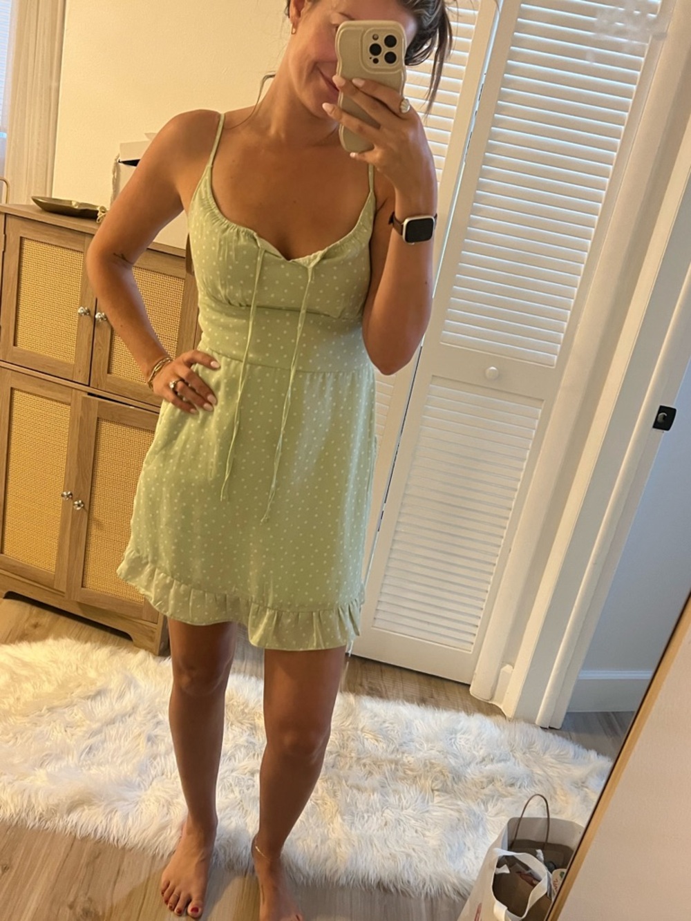 Abercrombie & Fitch Sage Green Polka Dot Tie-Front Mini Dress